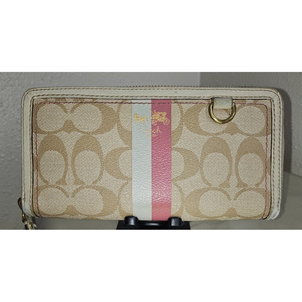 Coach Heritage Signature Stripe Logo Accordion Zip Wallet Cream/Pink/Beige‎
